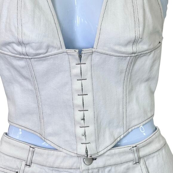 WHITE FOX Power Hour Denim Mini Skirt /  Secret Identity Bustier Top Off-White M - Picture 3 of 16